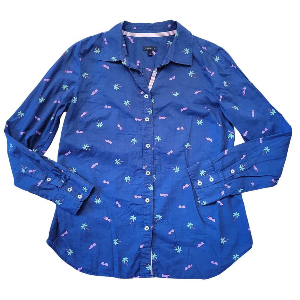 Talbots S‎ Button Down Navy Blue Palm Tree Sunglasses Novelty Print Cotton Beach